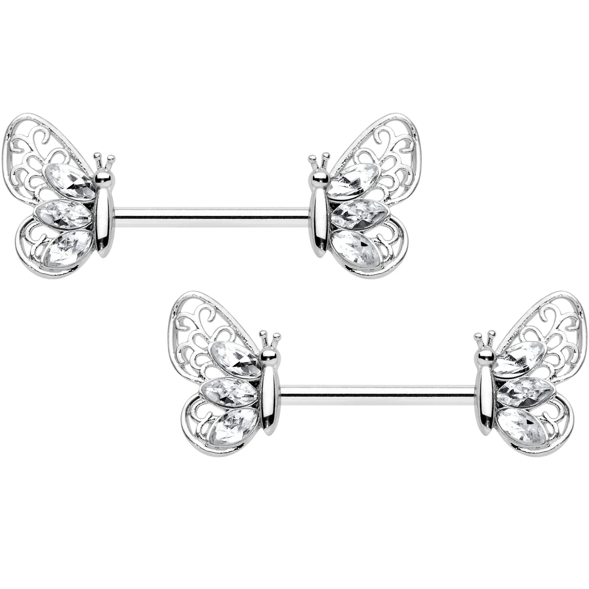 14 Gauge 9/16 Clear Gem Lacy Butterfly Barbell Nipple Ring Set