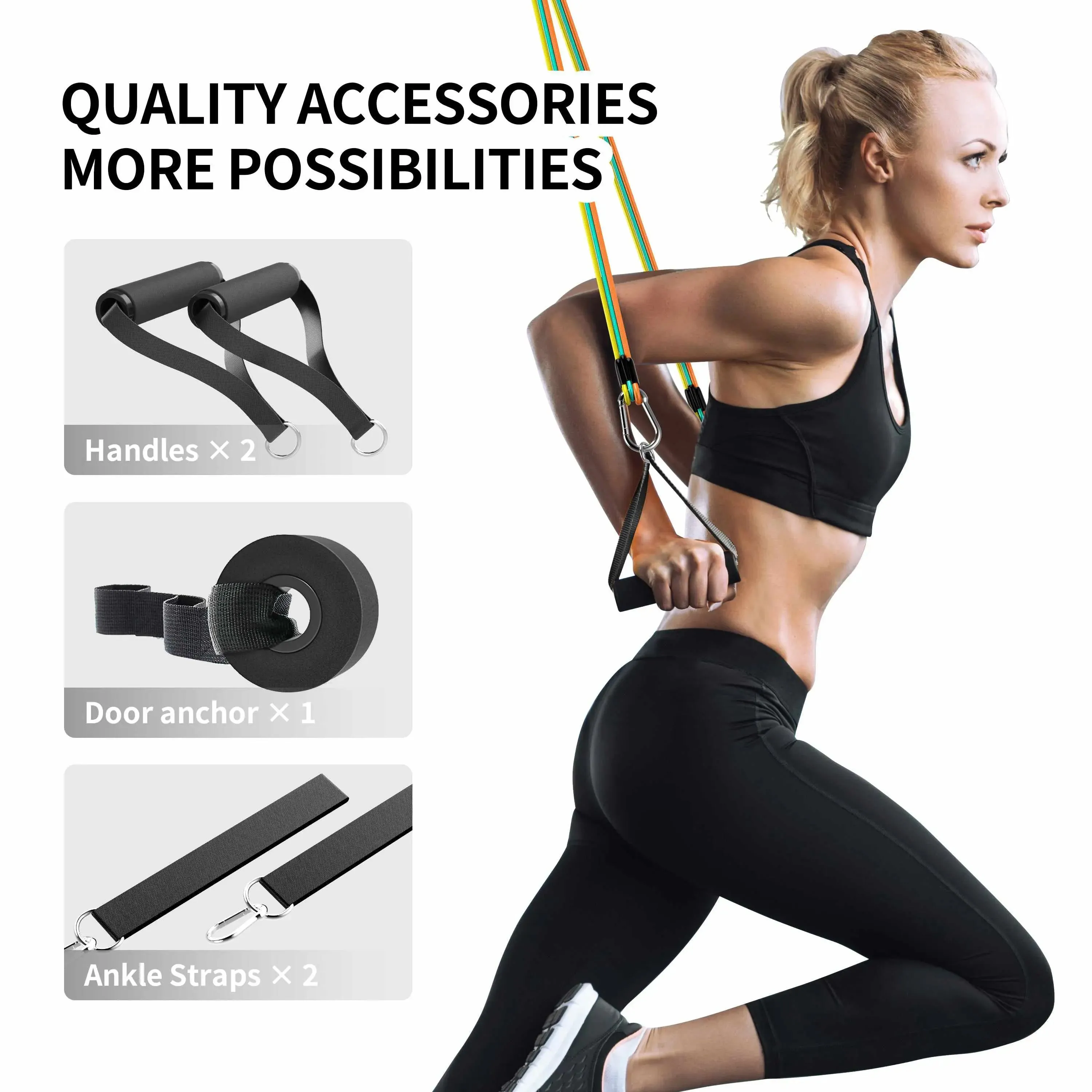 Exercise Bands Set of 5- With Handles, Ankle Straps and Door Anchor