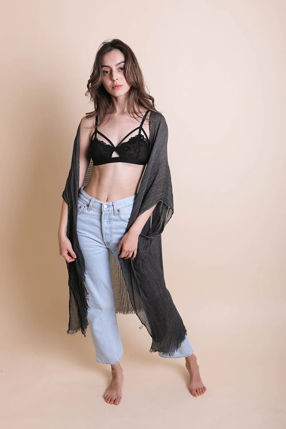 Pencil Stripe Lurex Trim Kimono - 4 colors