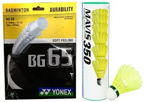 Yonex BG 65 Nylon Badminton String, Senior 0.70mm (White) Yonex Mavis 350 Green Cap Nylon Shuttlecock (Yellow)